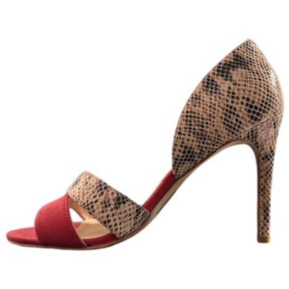 Nine West Snakeskin Print with Coral Suede Open Toe Stiletto Heel - Size 8.5 - Picture 3 of 10
